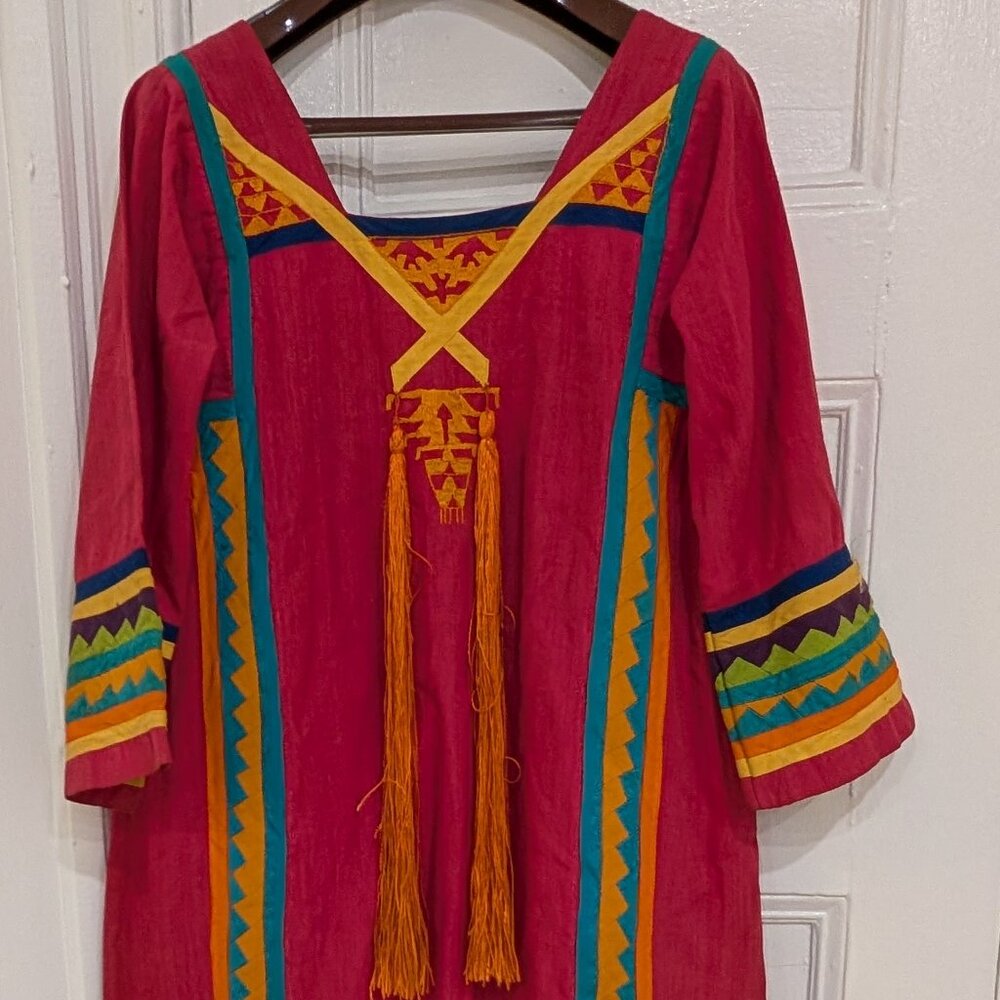 Josefa Vintage 70s Stripes Color Block Mexican Kaftan Maxi Dress Small